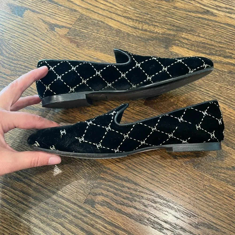 CHANEL Black Velvet Diamond Loafers Logo Smoking Slippers